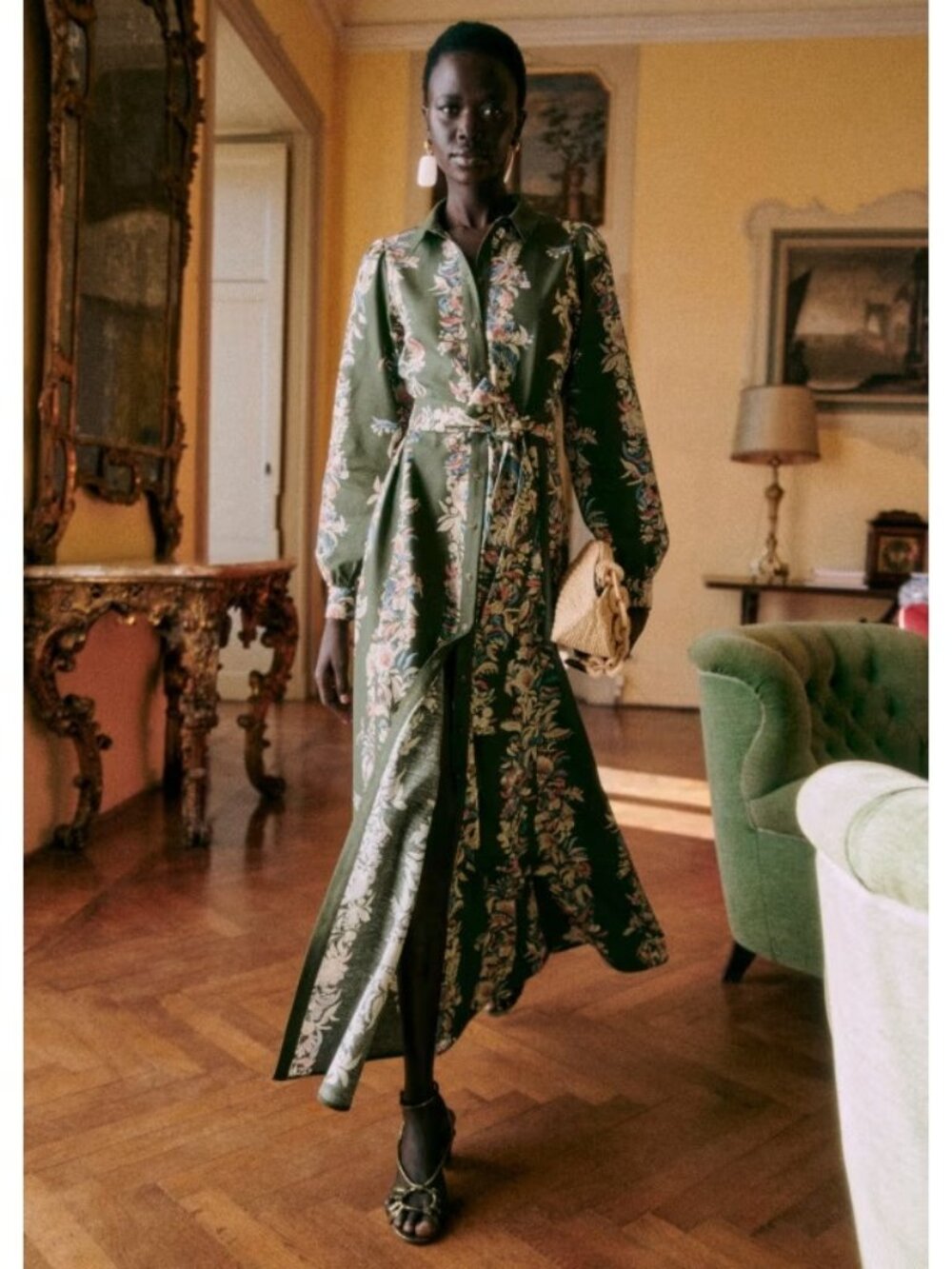 NWT Sezane Bella in Green Floral Border Belted Long Maxi Shirt Dress 34 / US 2